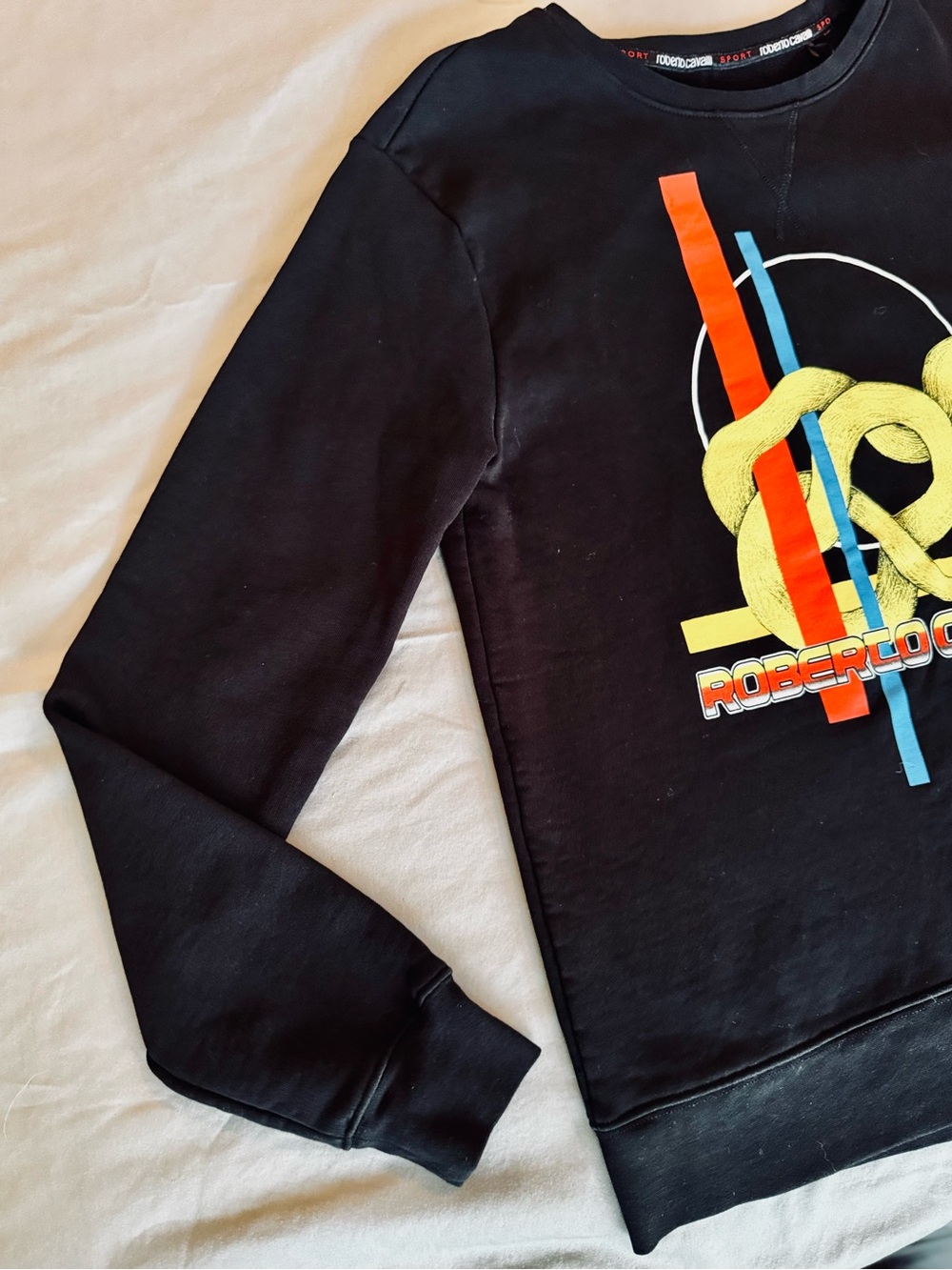 ROBERTO CAVALLI Black Crewneck Sweatshirt w Retro Yellow & Red Snake Graphic - Picture 3 of 12